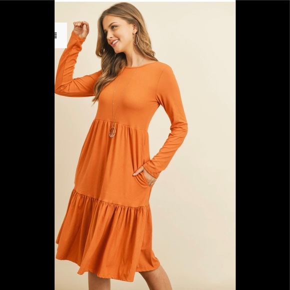 🆕 The Autumn Pumpkin Spice Long Sleeve Tiered Skirt Dress - Picture 3 of 6